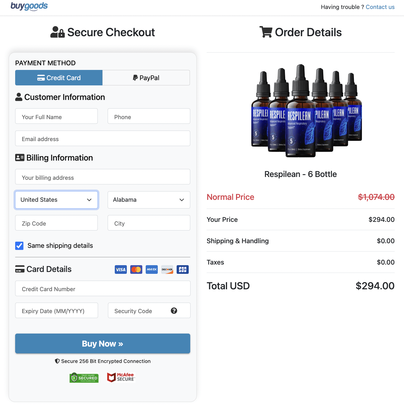 Respilean Secured Order Page